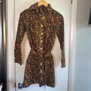 Vintage 70s Mini Shirt Dress. Size: Small. Black floral. 
Dagger collar.